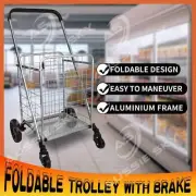 Shopping Trolley Cart Grocery Foldable Luggage Wheels With Brake Laundry Basket
