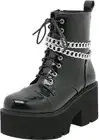 Black Patent Vegan Leather Platform Chain Embellished Combat Boot Non Slip Ergo