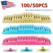 100pcs 22-10AWG Heat Shrink Butt Wire Crimp Terminals Connectors Seal Splice US