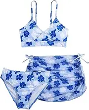 [Cozyease] Girls' 3 Piece Set Floral Print Bikini Swimsuit with Drawstring Beach Skirt Cute Ruched Bathing Suit