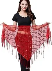 [Mr.Fashion] Halloween belly dance waist chain sequin fringe triangle scarf dance performance Hip towel beginner waist wrap, Rose Red, One Size Plus Long