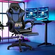 Oikiture Home Gaming Chair Executive Computer Desk Chair with Footrest and Lumbar Pillow Massage Office Chair Black and Blue