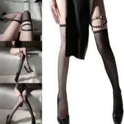 Women Black Fishnet Over Knee Stockings with Rivets Leg Garter for Parties Wear