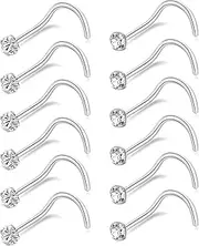 [Wrlcorly] 12Pcs Nose Studs Rings 20G Surgical Steel Screw Shaped Corkscrew Nostril Stud Piercing Jewelry Round CZ Nose Rings Studs for Women Men Silver Tone 1.5mm 2mm 2.5mm
