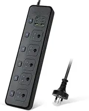 AU Plug Extension Cord Power Board, 5 AC Outlets, USB C Fast Charge, Surge Protector, Independent Switches, Australian Powerboard for Home Office, 2M Lead (Black)