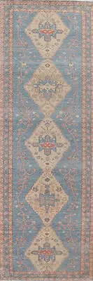 Geometric Heriz Serapi Turkish 12' Runner Rug Blue Handmade 3x12 ft