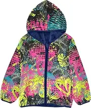 [GuoChe] Big Girls Jackets With Sherpa Lining 1970s Disco Retro Grunge Graffiti Toddler Girl Winter Jacket Navy Blue Fleece