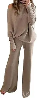 [Generic] Women's Diagonal Collar Set Solid Color Round Neck Long Sleeved Sweater+Long Pants Casual Base Knit Two-Piece Set