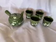 Kyusu 1.5 Cup Teapot Fills All 4 Cups Green W/White Flowers Stainless Strainer