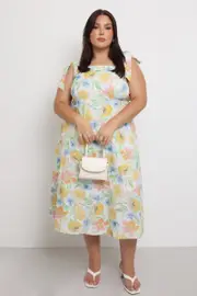 Yellow Floral Midi Dress Sleeveless Tie Strap