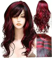 Short Curly Wig with Bangs Synthetic Long Hair Wavy Red Mixed Black Wigs Party Cosplay Costume Halloween Wig Resistant Fiber Hair for Women Girls.