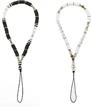 EMSea 2PCS Phone Charm Strap Beaded Phone Lanyard Love Letter Phone Wrist Strap Soft Pottery Mobile Phone Bracelet Anti-Lost Chain Hand Lanyard Black & White