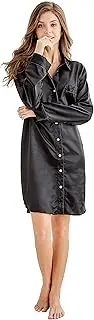 [Tony and Candice] Tony & Candice Women’s Nightshirt, Satin Nightgown Long Sleeve Sleepshirt Ladies' Sleepwear Pyjama Top (Large, Black)