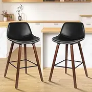 ALFORDSON Bar Stools 2Pcs Wooden Counter Stool 65cm Seat Height Kitchen Dining Chair with Footrest and Adjustable Leg Levelers Vintage Leather Chair for Home Bar Dining Room, Black