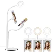 Universal Cell Phone Holder with Selfie Ring Light Microphone Clip & 3-colour Light Adjustment for Studio Recording Live Broadcast Ktv White