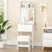 Advwin Dressing Table with Glass Desktop, Compact Makeup Vanity Desk with Mirror and LED Light, 2 Drawers and Hair Dryer Rack,Storage Stool, Narrow Wooden Vanity Table for Bedroom, White