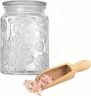 Glass Bath Salt Jar with Wooden Scoop, 23.7oz Bath Salt Container with Lid, Glass Qtip Holder Dispenser for Cotton Swabs, Balls, Pads, Floss Picks