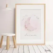 Baby, Girl Nursery Bedroom Wall Art decor print watercolour floral crescent moon