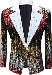 [Zadaos] Men Sequins Suit Slim Fit Jacket Stage Performance Dress One Buttons Blazer Coat