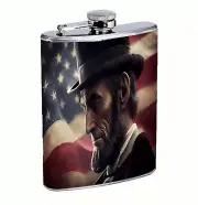 Abe Lincoln American Flag 8oz Stainless Steel Hip Flask Drinking Whiskey Liquor