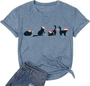 [MYCHTE] Women's Christmas Cat Shirt, Black and Grey, Cartoon Cat Santa Hat Graphic Tee, Casual Short Sleeve, Loose Fit, Adult, Women, Female, Christmas, Coordinate Outfit, T-shirt