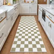 Beige and White Checkered Runner Rug for Bedroom, 2x6 Soft Washable Rug with