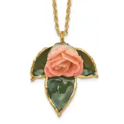 Fashion Lacquer Dipped Cream And Pink Real Rose On 24K Gold-Trim Lacquered Leaf 20 Inch Gold-Tone Necklace