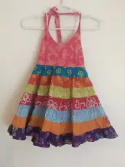 Girls Camelia Dress Sz 6-7 Multicoloured Frills - Natural Cotton E5