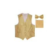 New Men's Tuxedo Vest Vertical Stripes Bowtie Hankie set formal wedding Gold