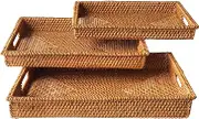 Handmade Rattan Tray with Handles, Handwoven Multi-Purpose Storage Basket, Rectangular, Natural Rattan, Set of 3 Different Sizes