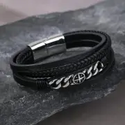 Men's Leather Braided Bracelet Compass Charm Charm Titanium Steel Magnetic