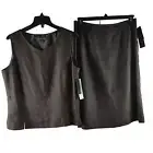 Kasper Women Size 12P Dark Brown Linen 2pc Lined Blouse & Skirt Set NWT