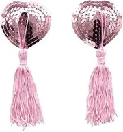 [Cocobla] Women's Reusable Silicone Sequin Adhesive Cover Pie Bra Cover Bonded Heart Breast Bra with Fringe (PINK)