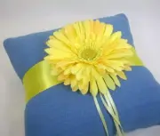 Yellow Gerbera Daisy, Blue Cotton, 8 inch Ring Bearer Pillow, Handmade