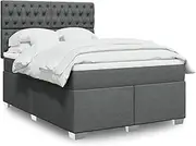 Queen Box Spring Bed with Mattress Dark Grey Fabric Adjustable Headboard