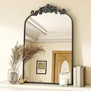 [VooBang] Vintage Arched Bathroom Mirror, 24x36 Inch Retro Wall Mounted Vanity Mirror with Carved Pattern Top and Metal Frame, Black Decorative Mirror for Hanging or Leaning