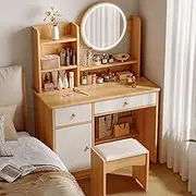 Exquisite Modern Vanity Desk Set with Chair Small Dressing Table and Mirror White Engineered Wood Compact and Stylish Beauty Station for Bedroom or Bathroom