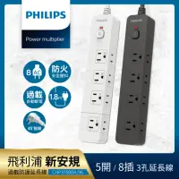 在飛比找momo購物網優惠-【Philips 飛利浦】5開8插延長線 1.8M 兩色可選