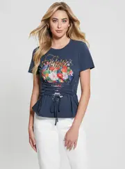 GUESS Women's Navy Garden Glow Up Lace T-Shirt Size: XS