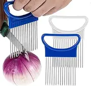 2Pcs Onion Slicer Holder, Stainless Steel Tomato Lemon Slicer for Home Use, Onion Chopper Onion Cutter for Slicing, Food Slicer Assistant Tool for Meat and Other Vegetables (White+Blue, One Size)