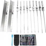 Stainless Steel Kabob Grill Skewers Set, Flat Non Slip BBQ Skewers with Universal Holder Brush, 9 Piece Heavy Duty Grilling Accessories for Shrimp Chicken Veggie