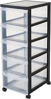 [IRIS OHYAMA] Plastic Drawers Storage Unit, Plastic Storage Drawers, A4 Format & 4 Wheels, H76cm/5 Drawers, BPA Free, Black, W40 x D29 x H76cm, DC-005