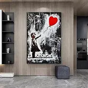 Abstract Banksy Canvas Art Print Wall Art Canvas Painting Child And Heart Posters Prints Canvas Art Picture for Living Room Home Decor Frameless-60×80cm