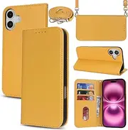 Cavor Crossbody Wallet for iPhone 16 Plus Case 6.7'' PU Leather Magnetic Flip Cover with Card Slots Kickstand Shoulder Lanyard Protective Phone Cases for Women Man-Long Strap Yellow
