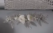 ROSE FLOWER CRYSTAL PEARL BRIDAL HEADPIECE, HAIR COMB, SILVER, BRAND NEW, Aust