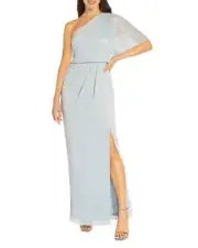 ADRIANNA PAPELL Metallic Crinkle Mesh One Shoulder Gown Women's 14 Skyway Blue +