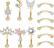 [Drperfect] 12 PCS Rook Piercing Jewelry Rook Earrings for Women Men Eyebrow Rings 16G Stainless Steel Curved Barbell Dangle CZ Belly Lip Ring Cartilage Daith Surface Tragus Piercing Jewelry