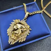 HIP HOP GOLD PLATED LION HEAD CUBIC ZIRCONIA PENDANT CUBAN CHAIN BLING NECKLACE