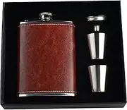 Eiarrnp 8oz Leather Flask for Liquor for Men Women - Gift Set Box Includes Flask Funnel Cups - Leak Proof Brown PU Leather Groomsmen Flask Set Perfect for Groomsmen Best Man Gifts