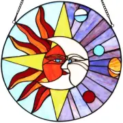 W10043 Sun Moon Star Face Tiffany Style Stained Glass Window Panel with Plane...